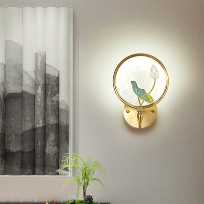 Traditional Chinese Full Copper Frame Glazed Enamel Lotus Flower Decor LED Wall Sconce Lamp For Living Room