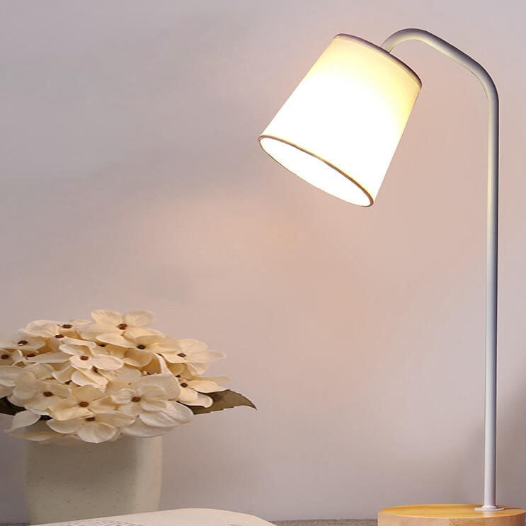 Simple Fabric Cone Shade Wood Base 1-Light Table Lamp