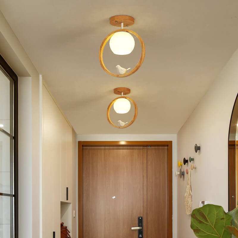 Modern Japanese Minimalist Log Bird Round 1-Light Semi-Flush Mount Ceiling Light