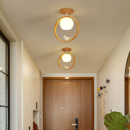 Modern Japanese Minimalist Log Bird Round 1-Light Semi-Flush Mount Ceiling Light