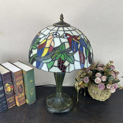 Traditional Tiffany Metal Glass Dome Grape Flower Dragonfly Butterfly 1-Light Table Lamp For Bedside