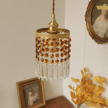 Traditional French Round Teardrop Crystal Copper 1-Light Pendant Light For Living Room