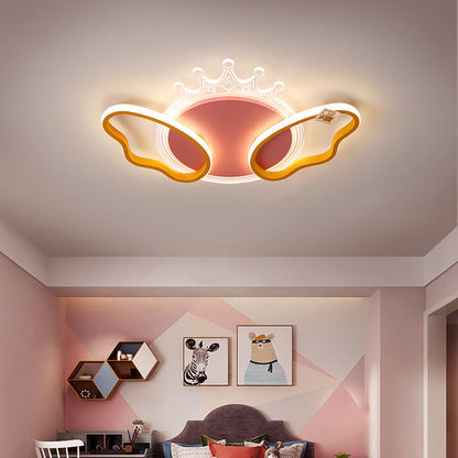 Modern Art Deco Butterfly Crown Round Acrylic Iron LED Flush Mount Ceiling Light For Bedroom