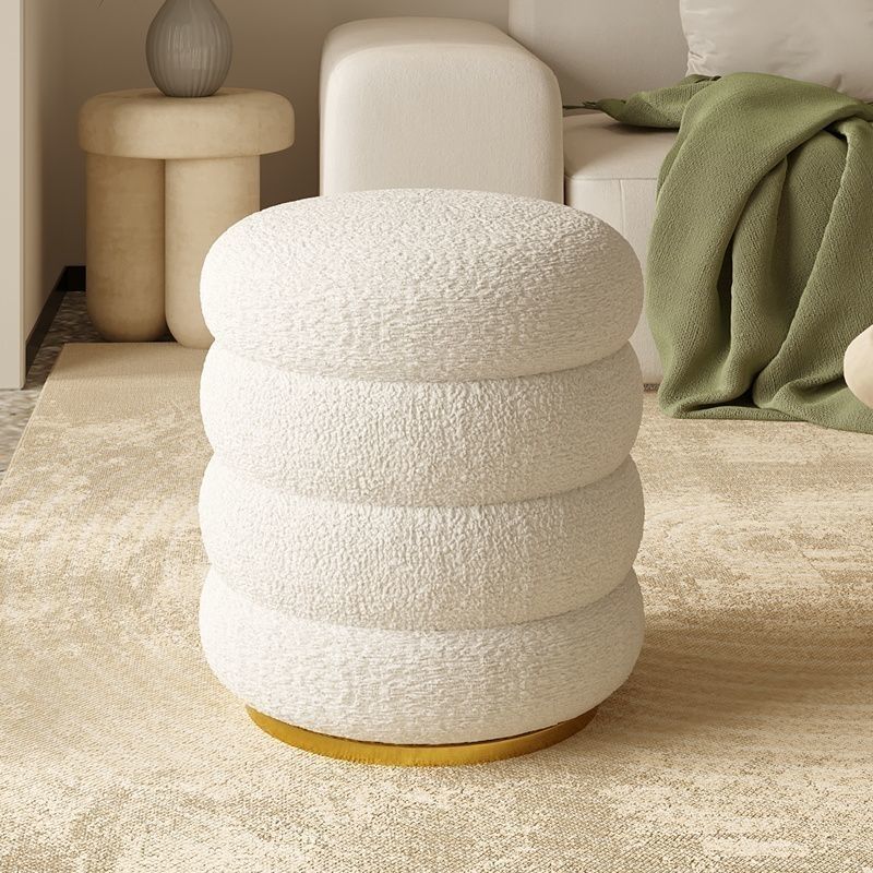 Modern Minimalist Cylinder Lambswool Fabric Metal Vanity Stool 1-Storage For Bedroom