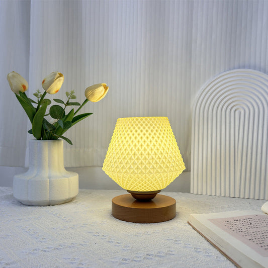 Contemporary Creative Wood Glass Tapered Ribbed Pattern 1-Light Table Lamp For Bedside