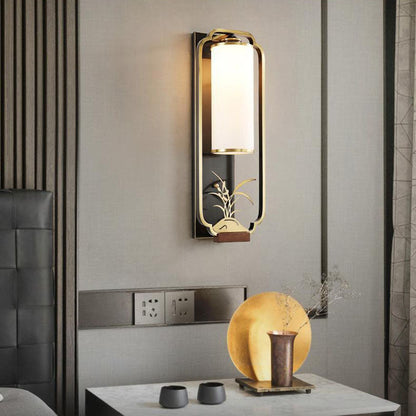 Traditional Chinese Carved Copper Frame Frosted Glass Cylinder Shade 1-Light Wall Sconce Lamp For Living Room