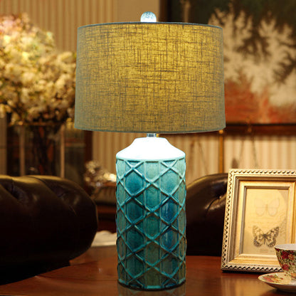 Traditional Vintage Cylinder Stripe Base Ceramic Fabric 1-Light Table Lamp For Bedroom