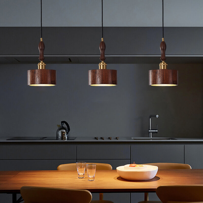 Japanese Brass Walnut Drum 1-Light Pendant Light