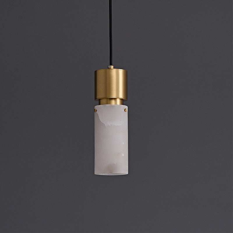 Traditional Chinese Copper Marble Cylinder 1-Light Pendant Light For Bedside