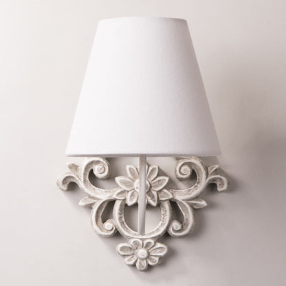 Traditional Vintage Carved Cylinder Solid Wood Fabric 1-Light Wall Sconce Lamp For Bedroom