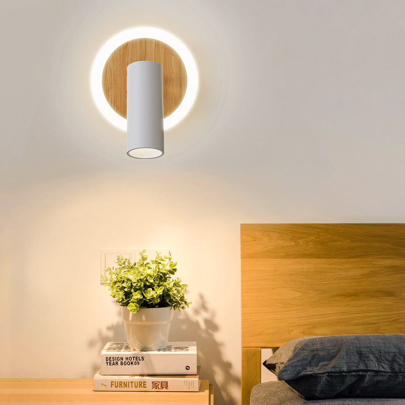 مصباح حائط LED دائري خشبي من الألومنيوم بتصميم عصري بسيط لغرفة النوم 