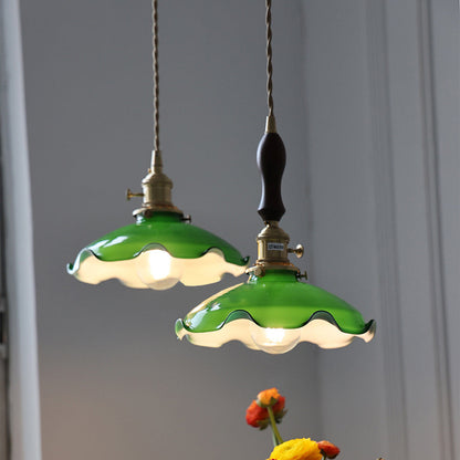 Traditional Chinese Floral Scroll Brass Glass 1-Light Pendant Light For Living Room