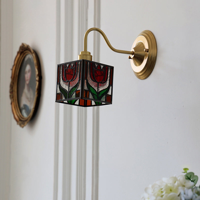 Traditional Vintage Square Rubik's Cube Tulip Brass Glass 1-Light Wall Sconce Lamp For Living Room