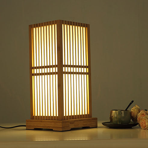 Japanese Minimalist Wooden Square Column 1-Light Table Lamp