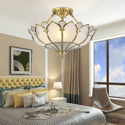 European-style Light Luxury All-copper Glass 4/6-Light Semi-Flush Mount Light