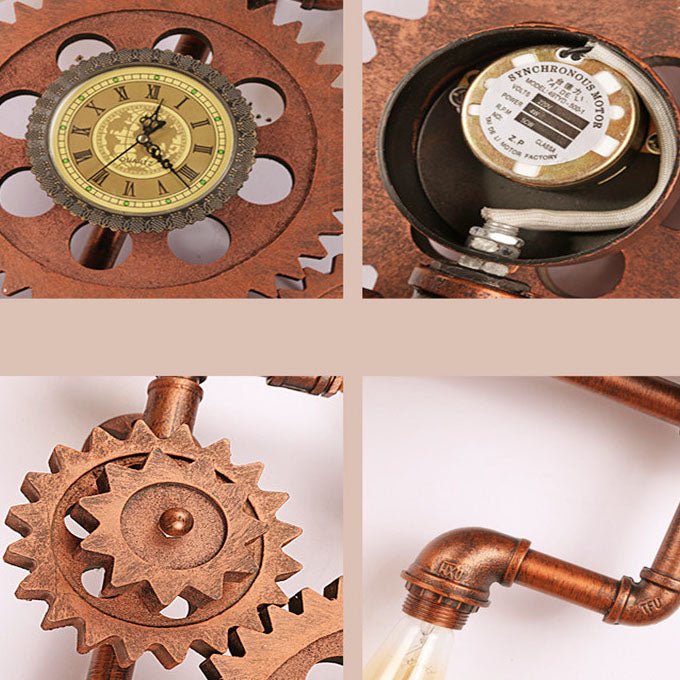 Contemporary Industrial Iron Water Pipe Wood Gear Dashboard 3-Light Wall Sconce Lamp For Entertainment Room