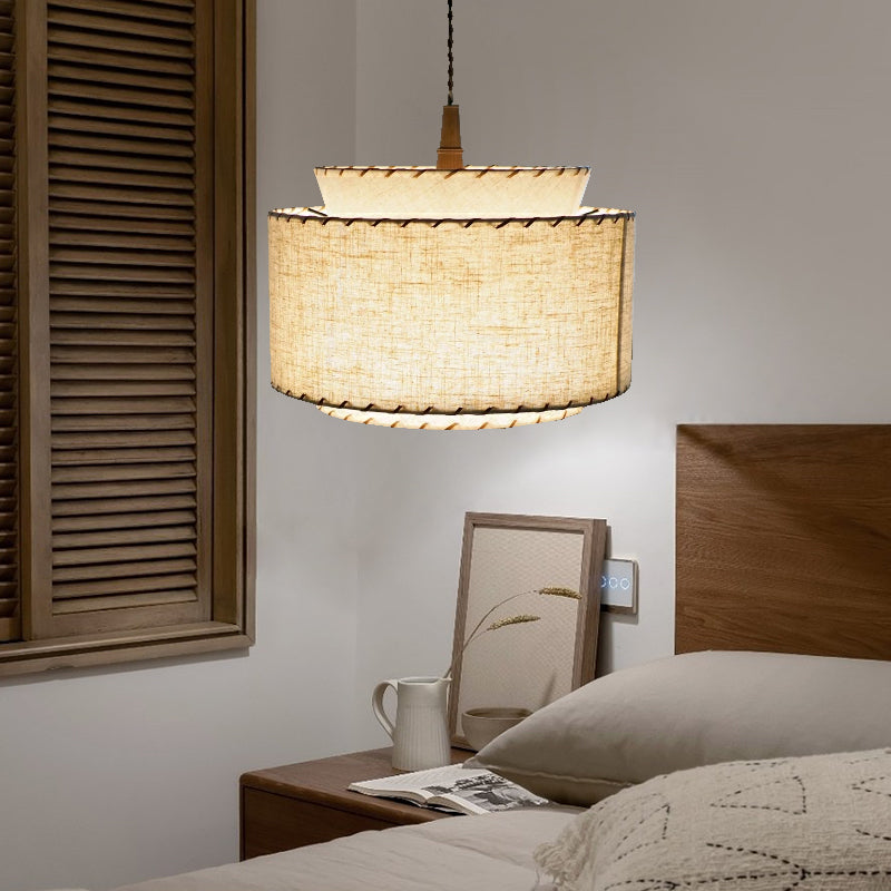 Contemporary Boho Double Cylinder Fabric Shade 1-Light Pendant Light For Living Room