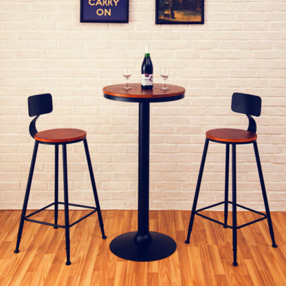 Traditional Vintage Round Wood PU Leather Iron Frame Bar Stool Backrest Footrest For Dining Room