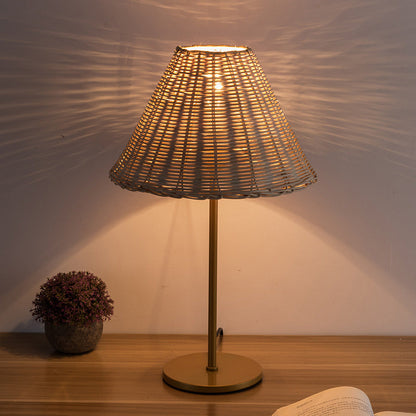 Contemporary Boho Round Trapezoidal Cylinder Base Rattan Metal 1-Light Table Lamp For Bedroom