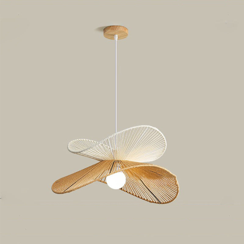 Traditional Vintage Wood Paper Rope Weaving Straw Hat Shape 1-Light Pendant Light For Living Room
