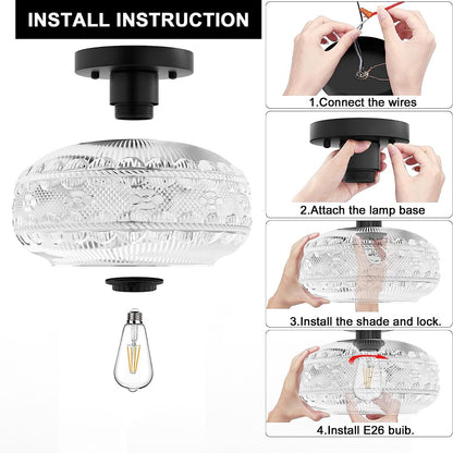 Contemporary Industrial Textured Glass Lantern 1-Light Semi-Flush Mount Ceiling Light For Living Room