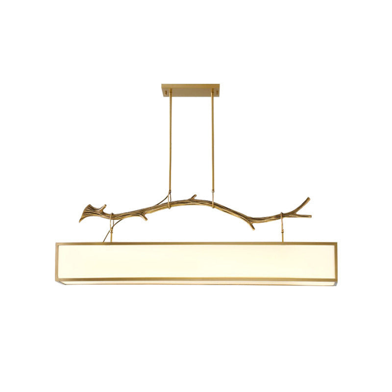 Modern Art Deco Full Copper Branch Fabric Rectangle Shade 1-Light Island Light Pendant Light For Living Room