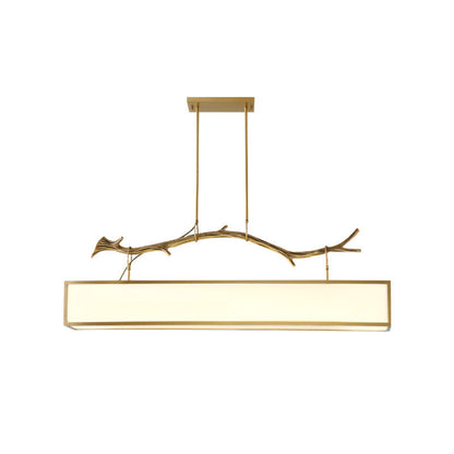 Modern Art Deco Full Copper Branch Fabric Rectangle Shade 1-Light Island Light Pendant Light For Living Room
