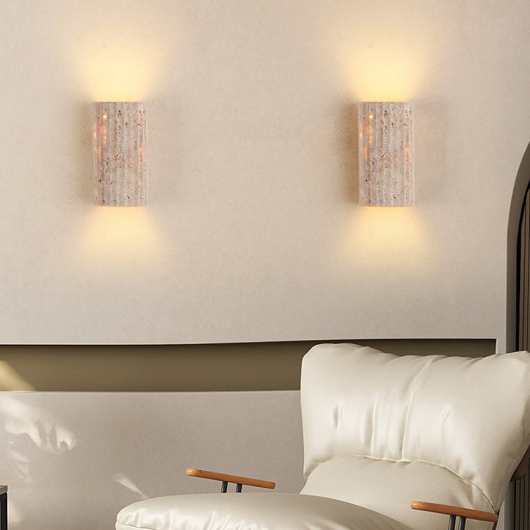 Traditional Japanese Striped Beige Travertine Semicircle LED Waterproof Wall Sconce Lamp For Living Room