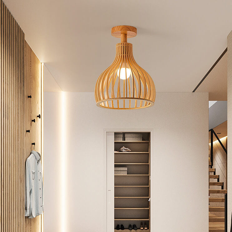 Nordic Wood Geometric Round 1-Light Semi-Flush Mount Ceiling Light
