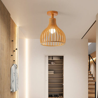 Nordic Wood Geometric Round 1-Light Semi-Flush Mount Ceiling Light