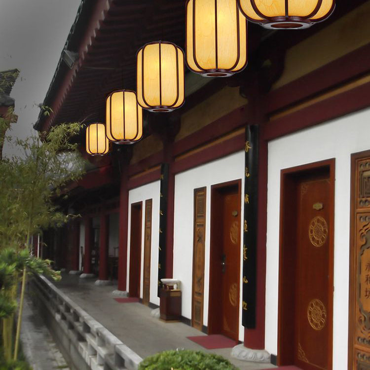 Modern Chinese Faux Sheepskin Wooden Lantern 1-Light Pendant Light
