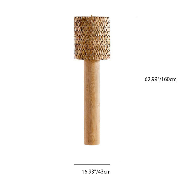 Modern Simple Wood Rattan Woven Long Body Cylinder 1-Light Standing Floor Lamp