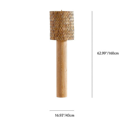 Modern Simple Wood Rattan Woven Long Body Cylinder 1-Light Standing Floor Lamp
