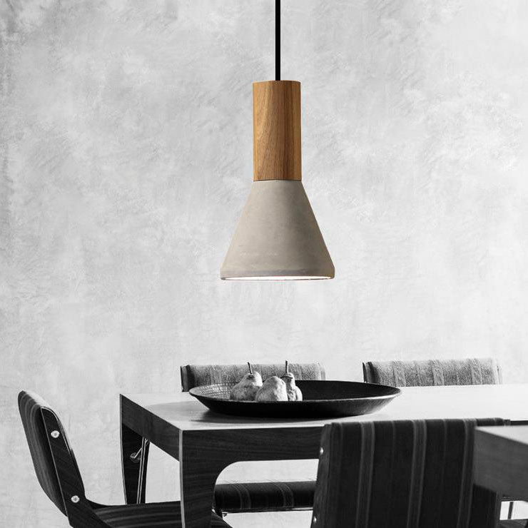 Contemporary Industrial Round Cone Triangle Cement Rubber Wood 1-Light Pendant Light For Living Room