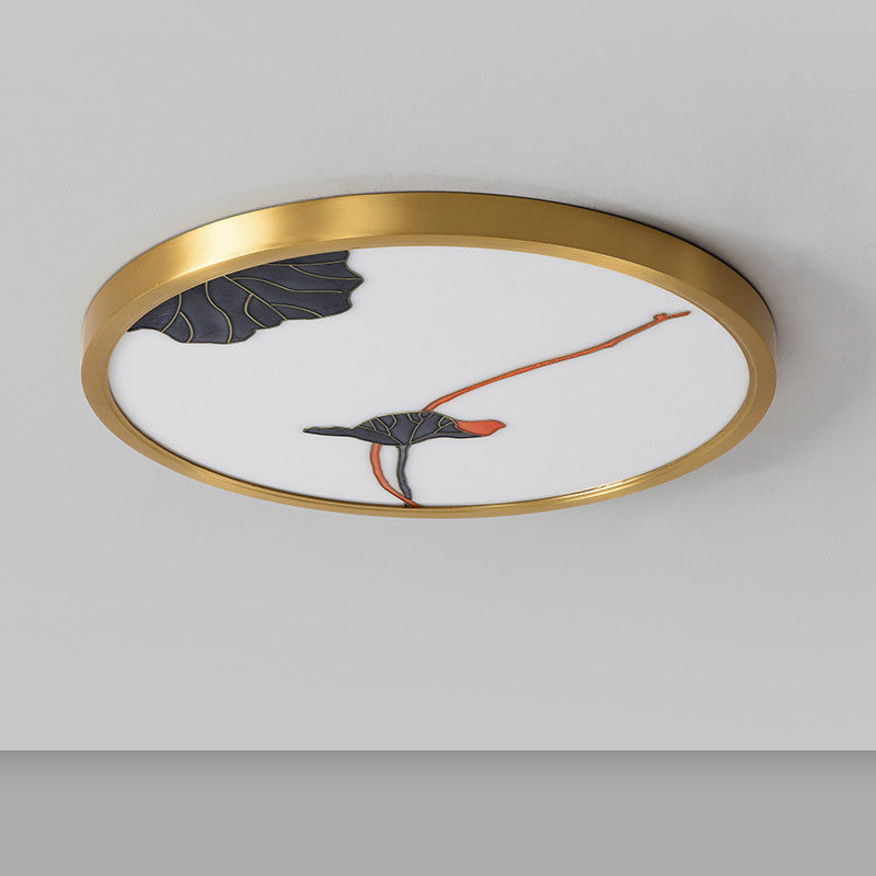 Traditional Chinese Copper Acrylic Round Lotus Bamboo Ginkgo Leaves LED Flush Mount Ceiling Light For Living Room