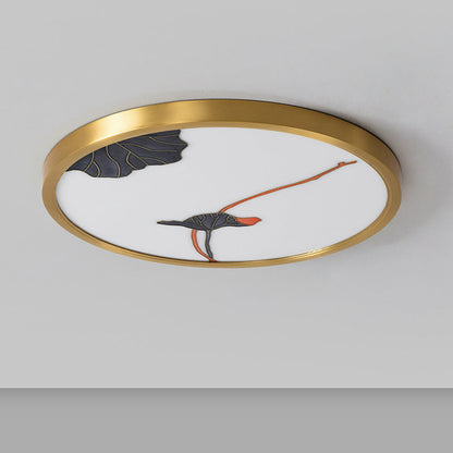 Traditional Chinese Copper Acrylic Round Lotus Bamboo Ginkgo Leaves LED Flush Mount Ceiling Light For Living Room