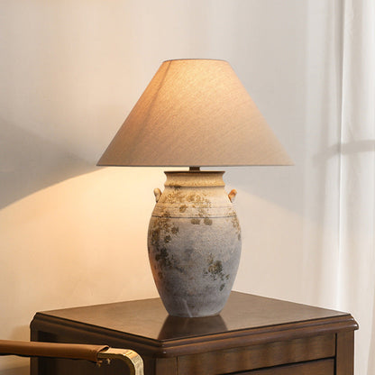 Traditional Vintage Ceramic Fabric Metal Conic Pot 1-Light Table Lamp For Bedside