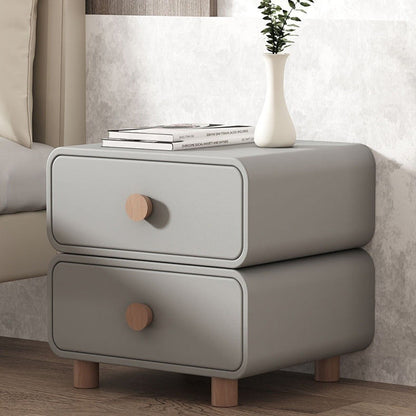 Contemporary Scandinavian Square Tabletop Solid Wood Faux Leather Stainless Steel Nightstand 2-Drawer For Bedroom