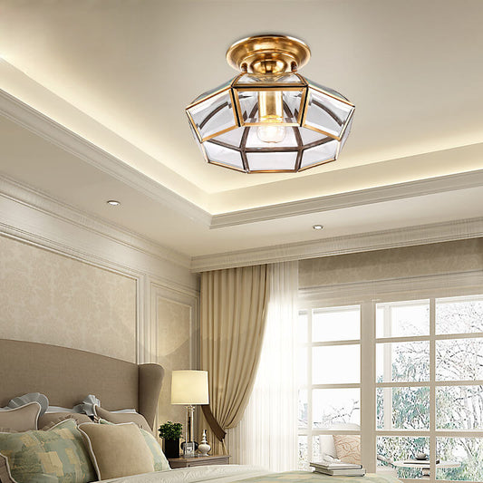 Modern Luxury Octagonal Brass Crystal Glass 1-Light Semi-Flush Mount Ceiling Light