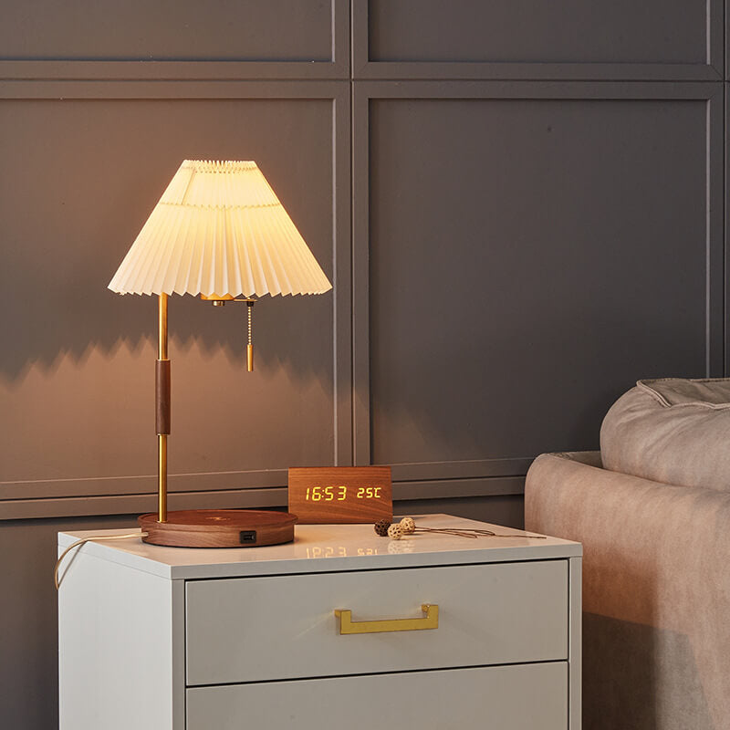 Modern Pleated Shade Walnut Wood Round Base 1-Light Table Lamp