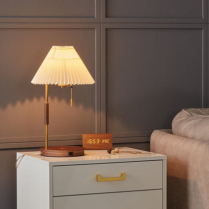 Modern Pleated Shade Walnut Wood Round Base 1-Light Table Lamp