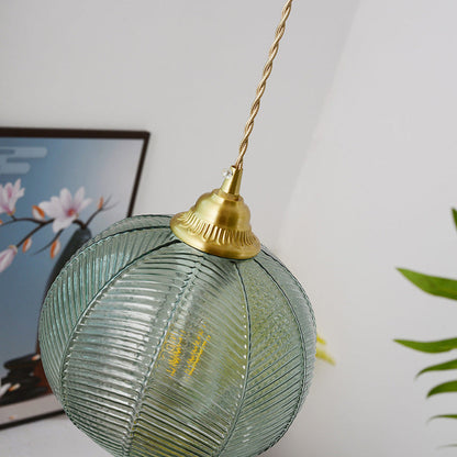 Contemporary Creative Round All Brass Striped Glass 1-Light Pendant Light For Living Room