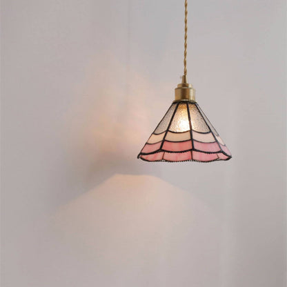 Japanese Vintage Pink Striped Cone Glass 1-Light Pendant Light