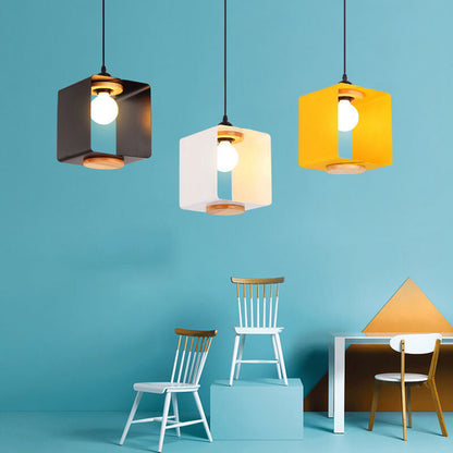 Nordic Creative Iron Solid Wood Square Geometry 1-Light Pendant Light