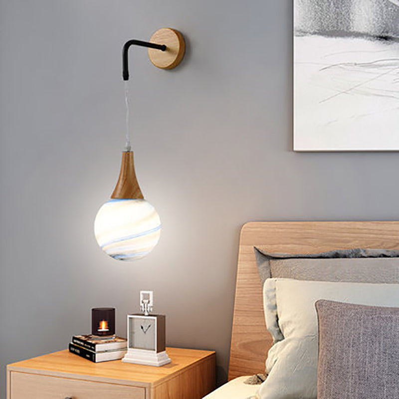 Traditional Vintage Wood Frame Moon Textured Globe Shade 1-Light Wall Sconce Lamp For Bedroom
