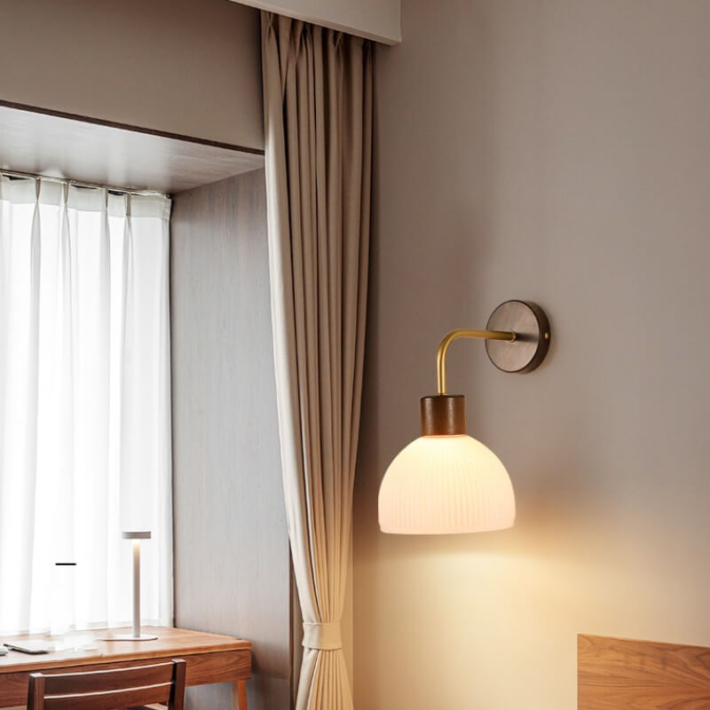 Japanese Walnut Striped Glass Dome 1-Light Wall Sconce Lamp