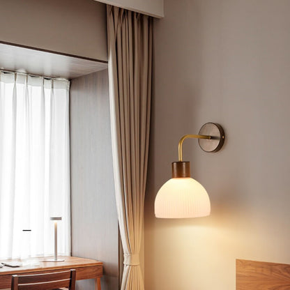 Japanese Walnut Striped Glass Dome 1-Light Wall Sconce Lamp
