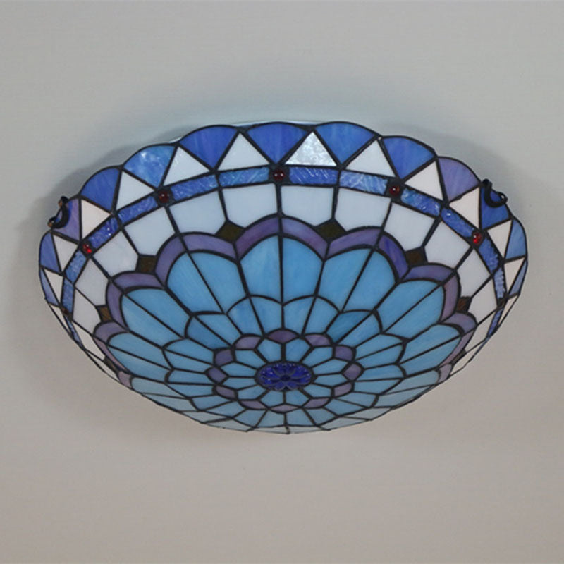 Traditional Tiffany Mediterranean Round Stained Glass 3-Light Flush Mount Ceiling Light For Living Room