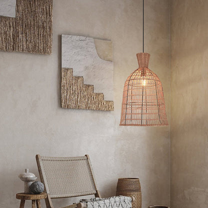 Traditional Japanese Round Bell Rattan Mesh Shade 1-Light Pendant Light For Living Room