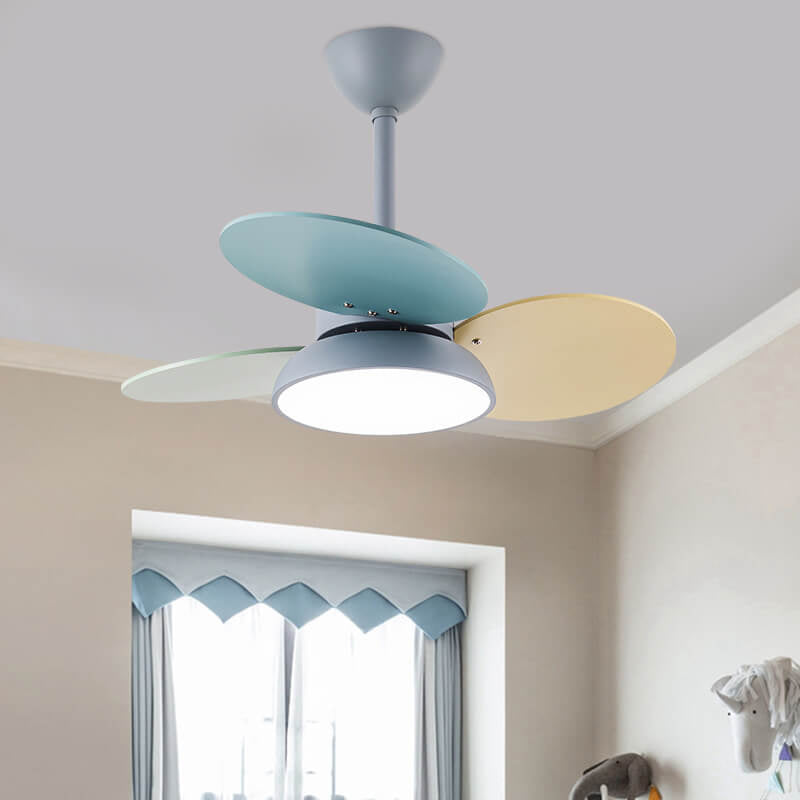 Simple Colorful Round Fan Leaf Kids Downrods Ceiling Fan Light